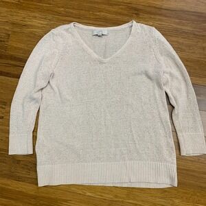 LOFT V-Neck Knit Sweater Womens Size Medium Beige Textured Pullover Ramie Cotton